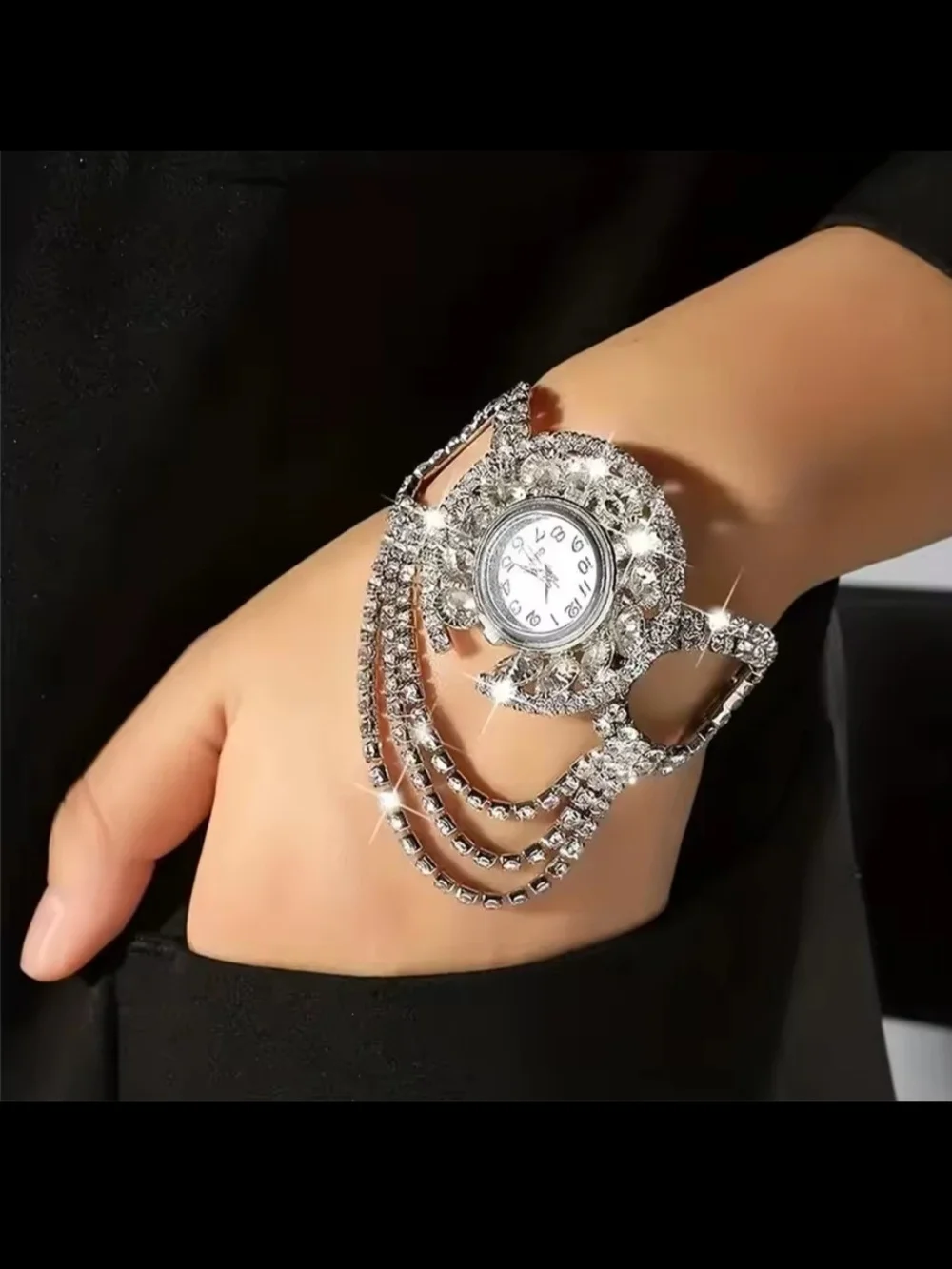 Crystal Rhinestone Brooch Inspired Bracelet Watch-Silver